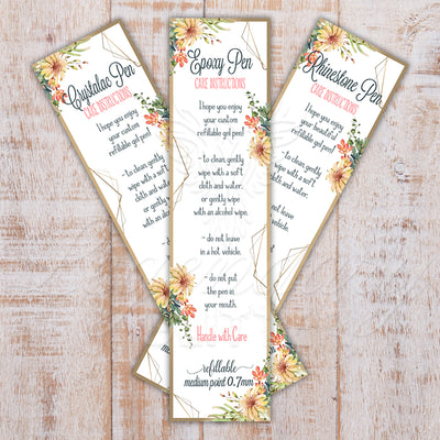 Pen Care Cards, Gold + Flowers, Epoxy, Crystalac, or Rhinestone